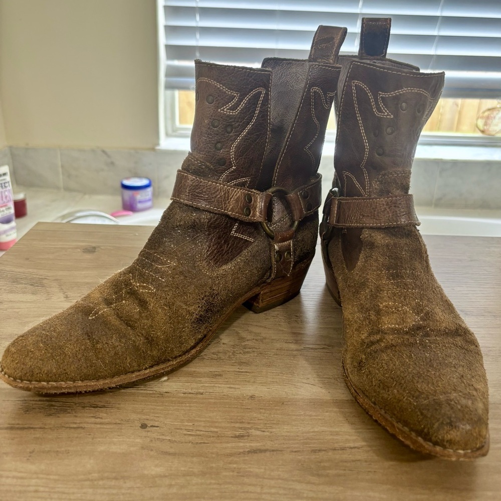 Bed Stu “Canada” Brown Suede & Leather Harness Western Style Ankle Boots - Picture 6 of 16